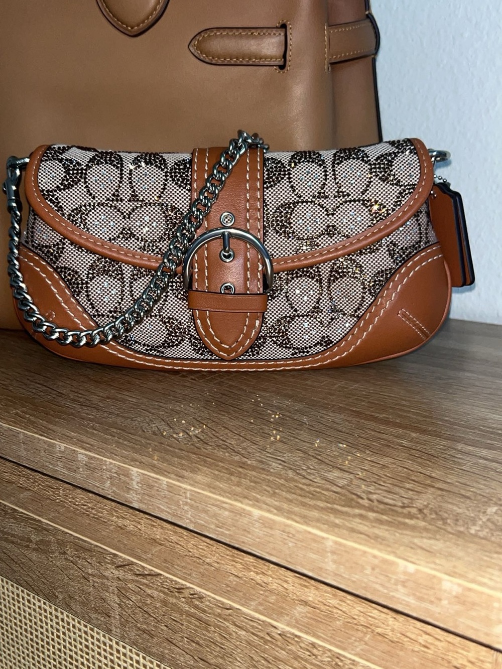 Coach Brown Signature Canvas and Leather Shoulder Bag with Silver Chain